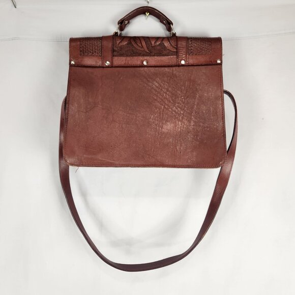 Nacona Leather Shoulder Satchel Briefcase Messenger Bag Western Tooled Buckles - Picture 2 of 11